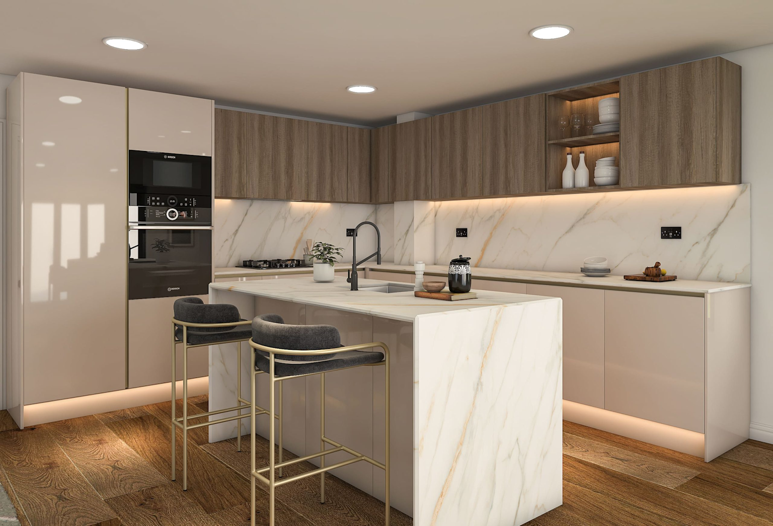 Modern mutfak dolabı 3D render - mermer tezgah ve ada